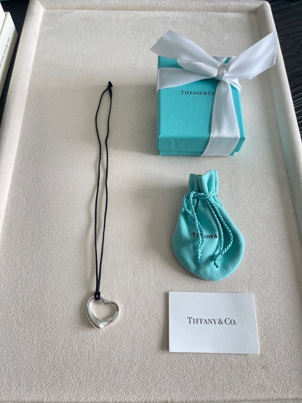 Tiffany Elsa Peretti Open Heart Pendant Cord Necklace Silver 27mm 18” $950 - Picture 3 of 9